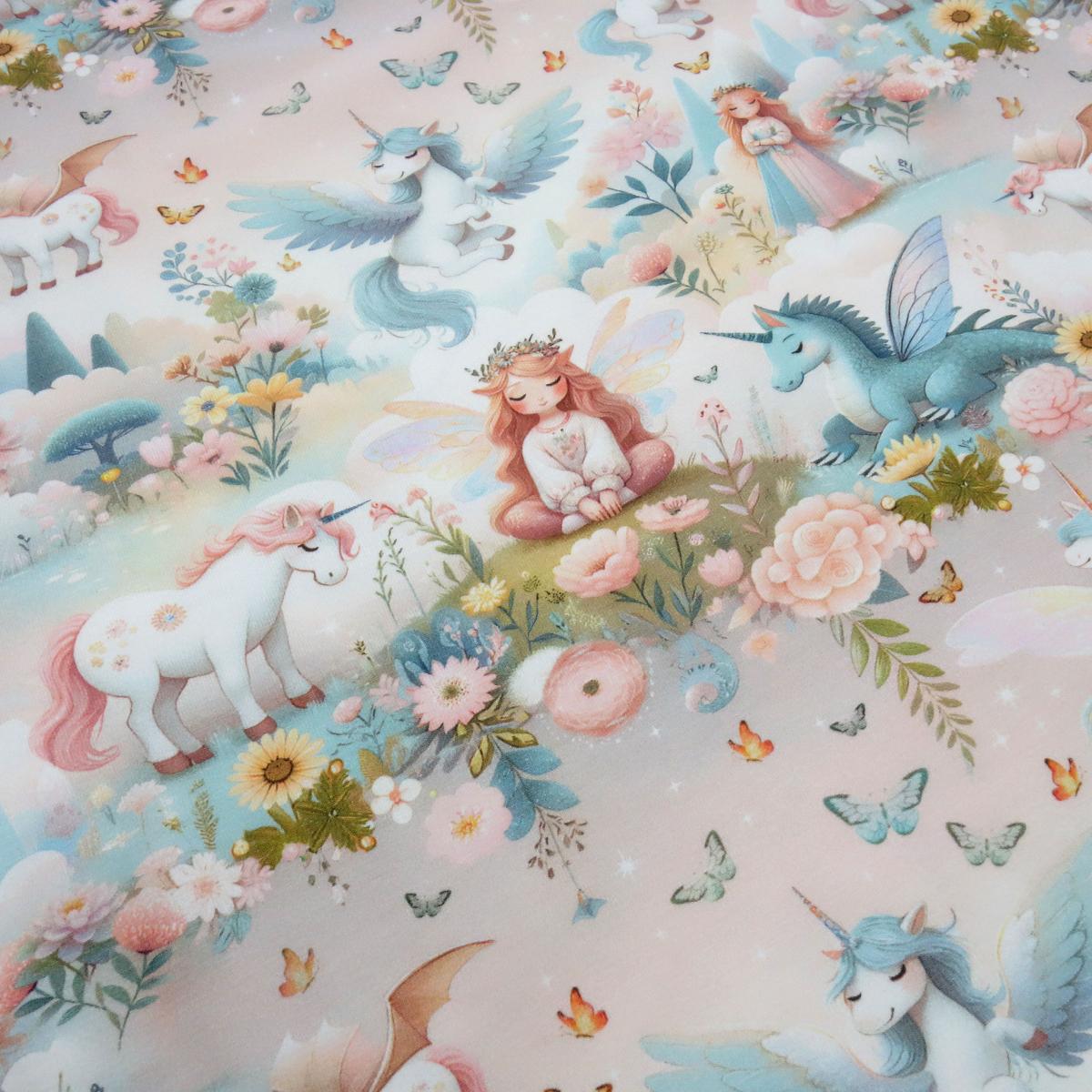 Fabric cotton jersey Lara unicorn girl fairy flowers pink white petrol green colorful dress fabric children's fabric