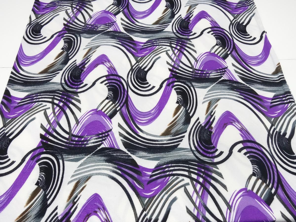 Fabric jersey fine knit with geometric graphic pattern design white purple black gray brown dress fabric
