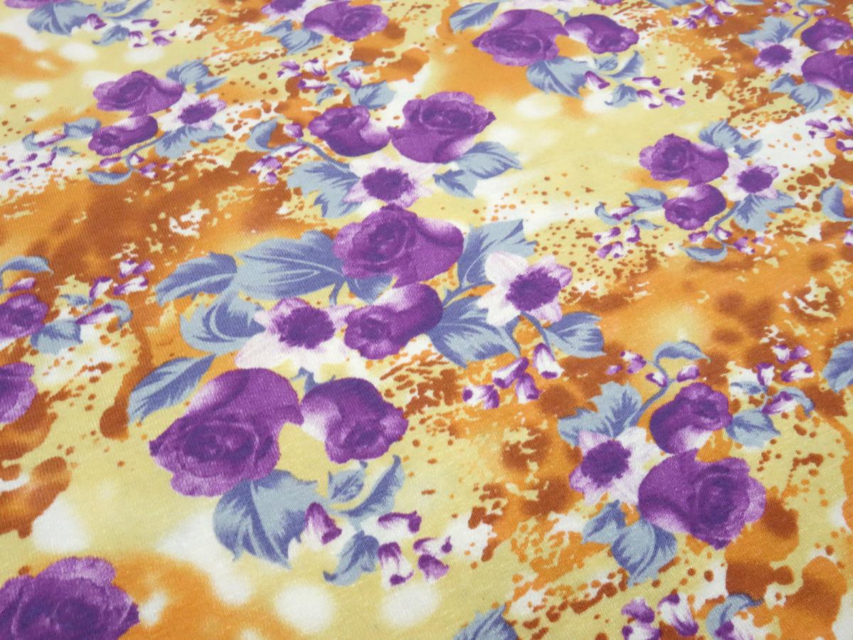 Fabric viscose jersey flowers roses design yellow orange purple blue colorful dress fabric