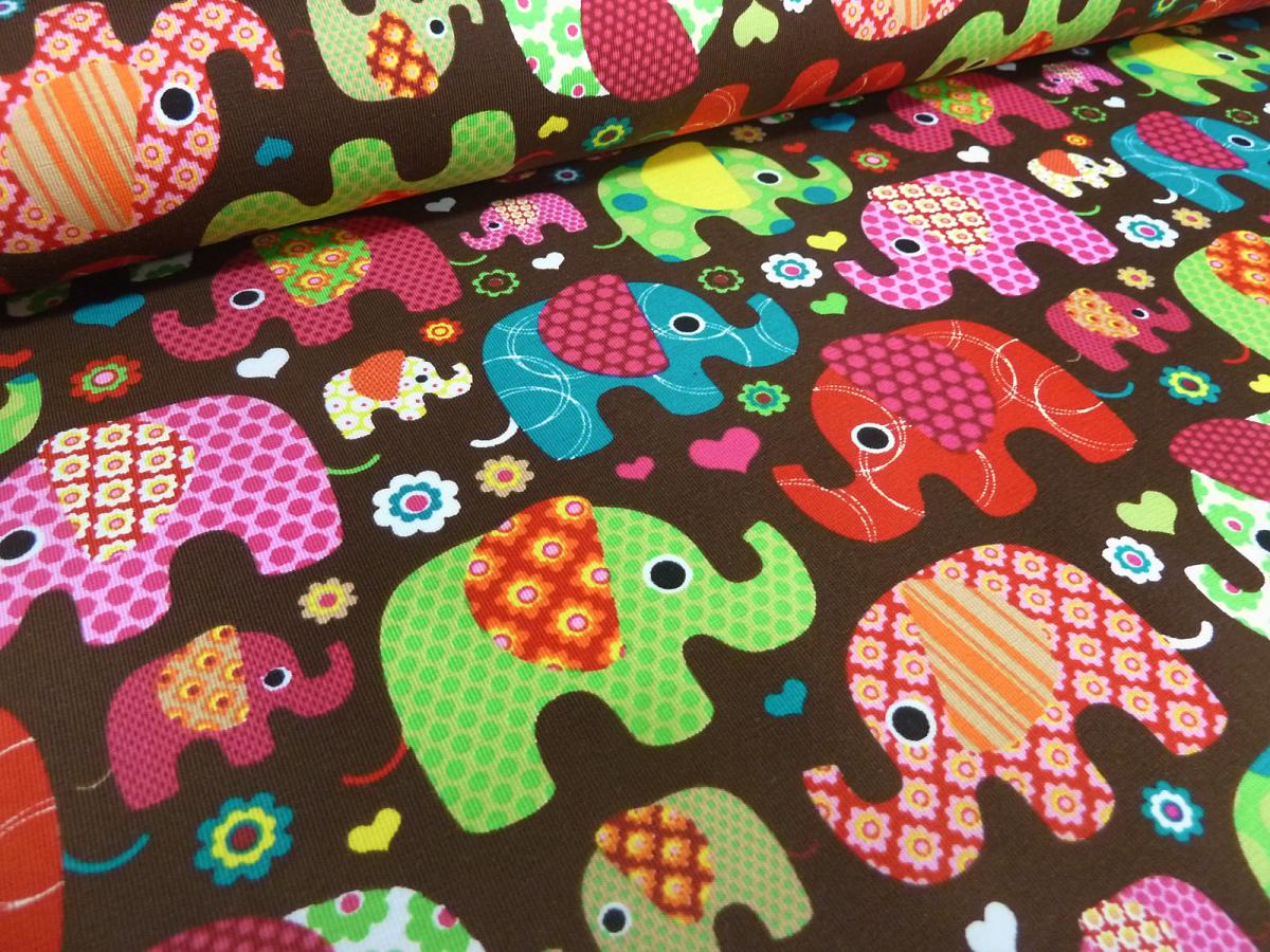 Fabric cotton jersey elephants flowers hearts brown colorful children's fabric dress fabric