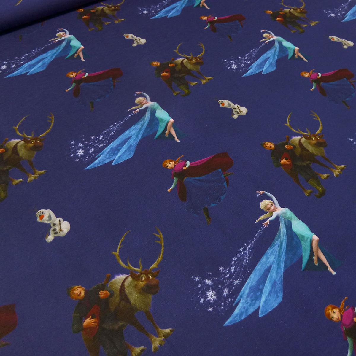 Stoff Baumwolle Jersey Disney Eiskönigin Frozen Anna Elsa Olaf Design dunkelblau blau bunt Kinderstoff Kleiderstoff Lizenzstoff