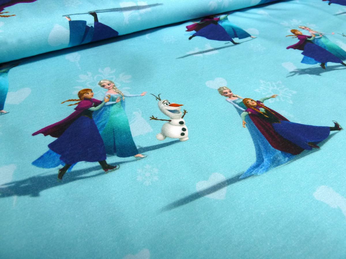 Stoff Baumwoll Jersey mit Disney Eiskönigin Frozen Anna Elsa Design hellblau bunt Kinderstoff Kleiderstoff