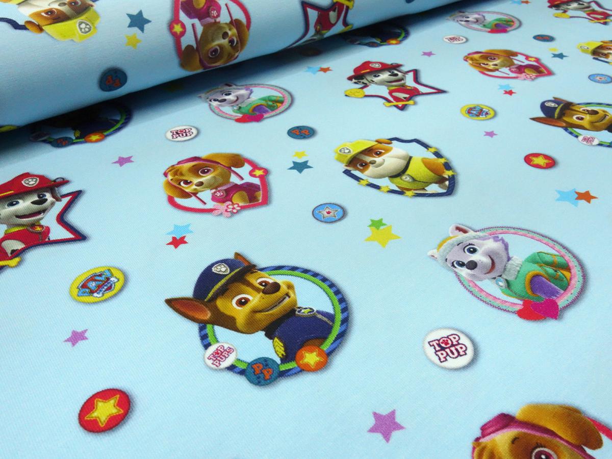 Fabric cotton jersey with license print Paw Patrol light blue colorful children's fabric dress fabric