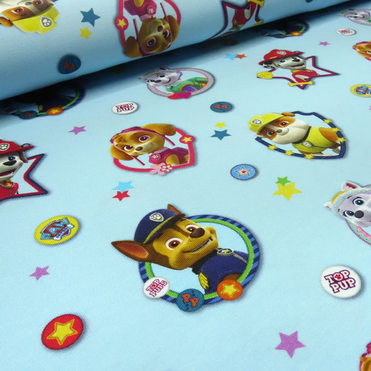 Stoff Baumwolle Jersey Paw Patrol hellblau blau bunt Kinderstoff Kleiderstoff Lizenzstoff