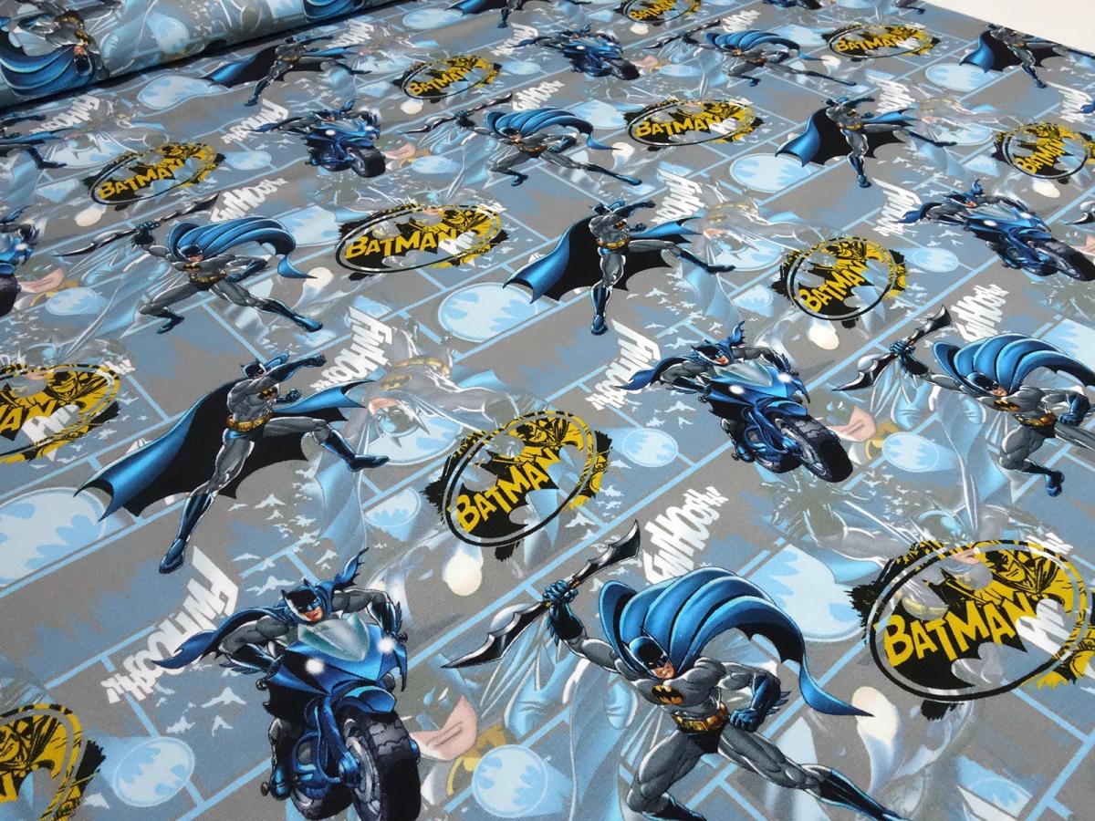 Fabric cotton jersey Batman superheroes DC Comics design gray blue yellow children's fabric dress fabric license fabric