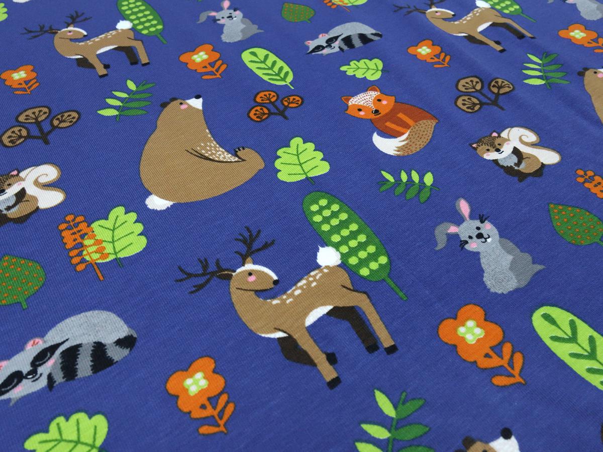 Cotton jersey deer foxes bears rabbits design blue colorful children's fabric dress fabric