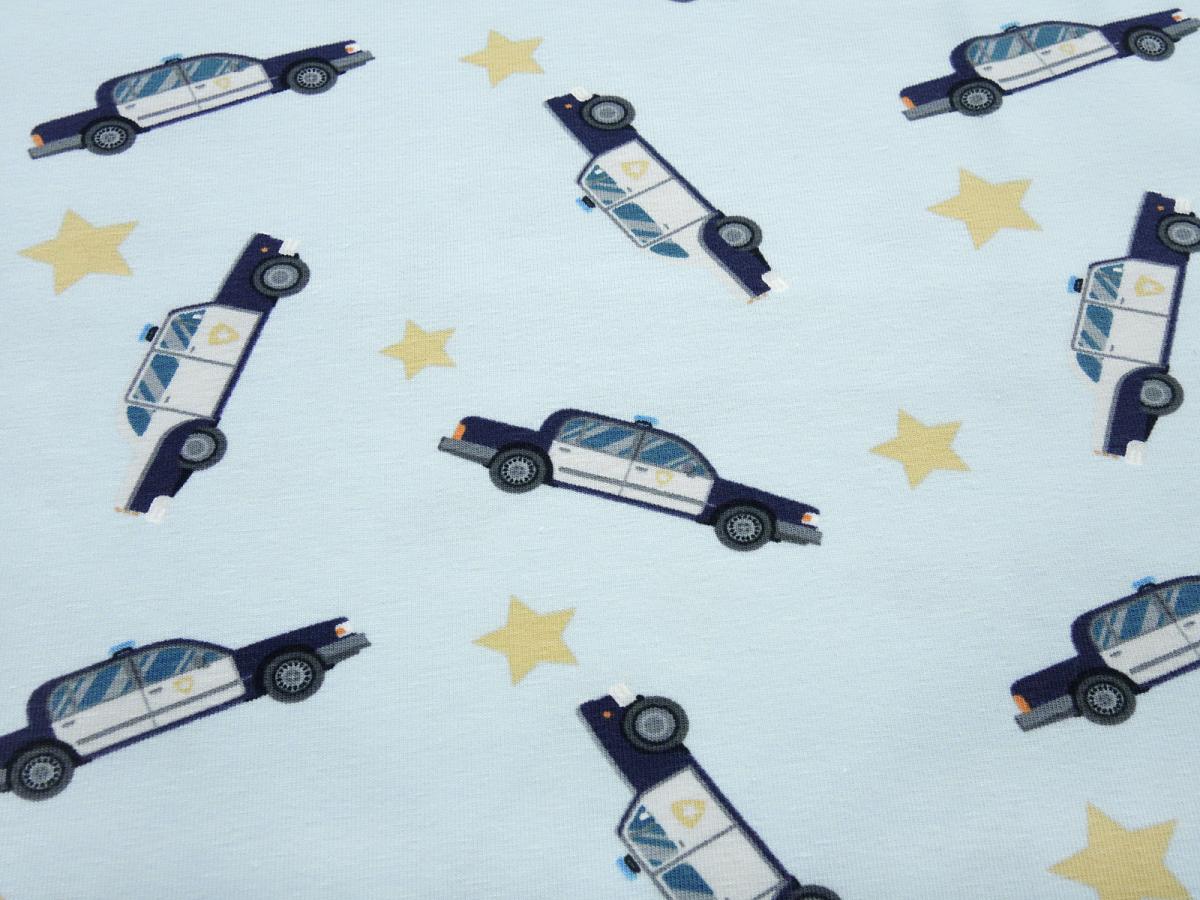 Stoff Baumwolle Jersey Polizei Autos Sterne hellblau gelb weiß grau schwarz blau Kinderstoff Kleiderstoff Little Darling