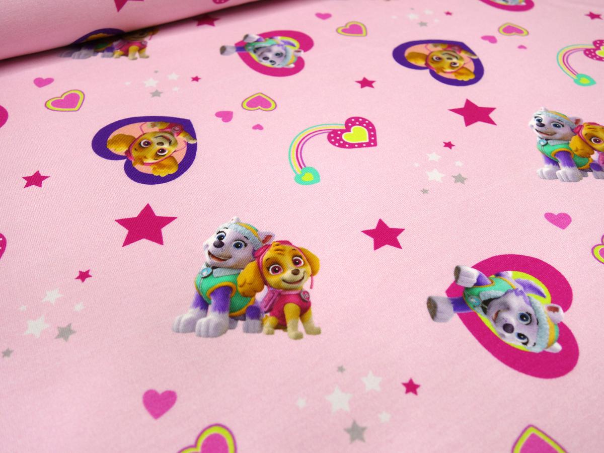 Stoff Baumwolle Jersey mit Lizenzdruck Paw Patrol Herzen rosa bunt Kinderstoff Kleiderstoff