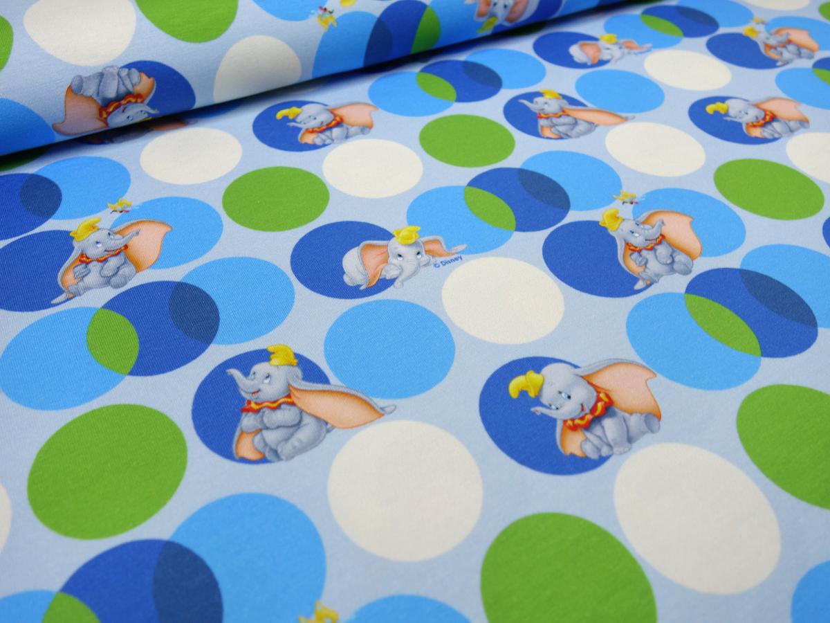 Fabric cotton jersey Disney Dumbo dots design license fabric blue green white gray colorful children's fabric dress fabric