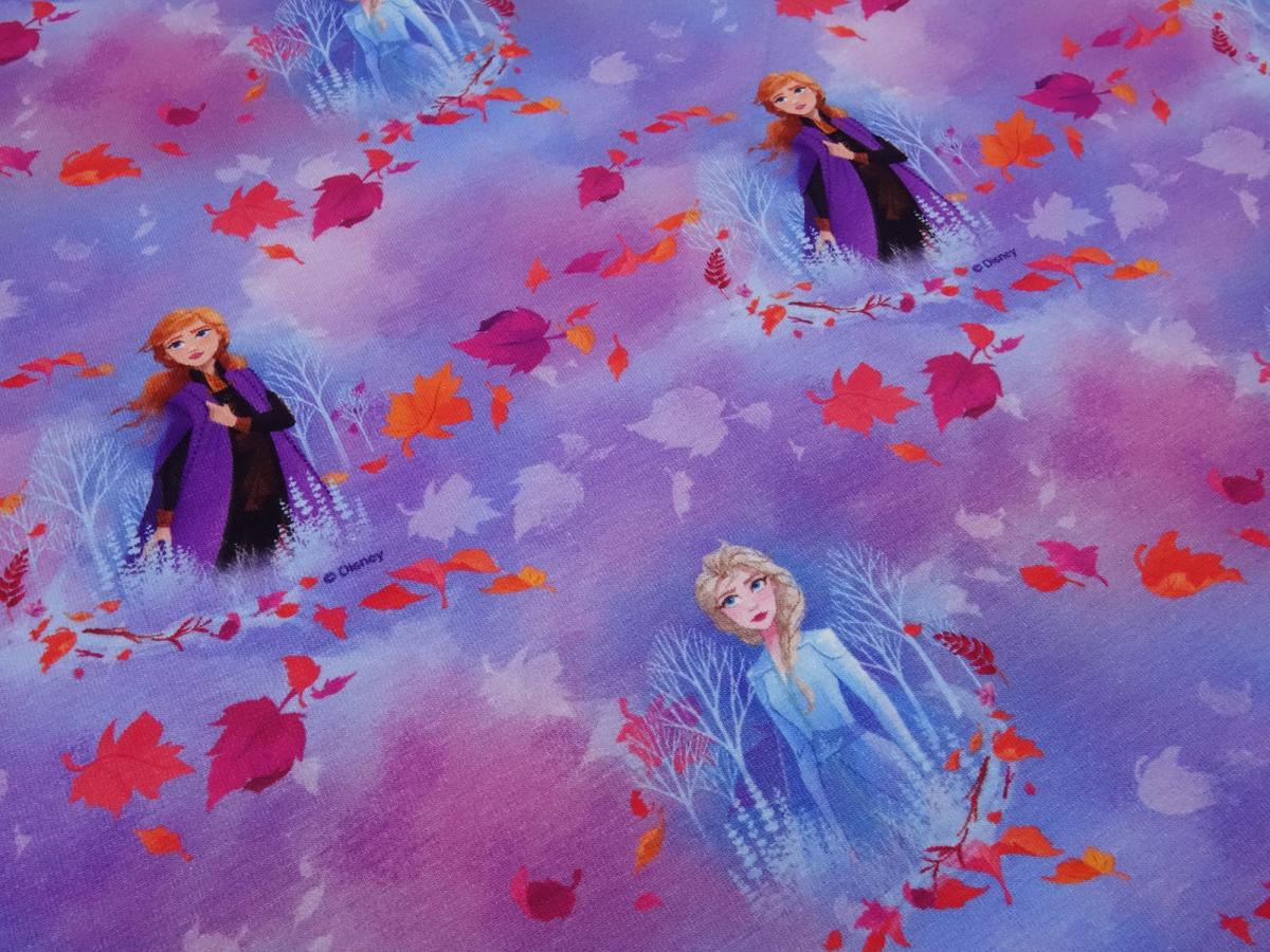 Stoff Baumwolle Jersey mit Disney's Eiskönigin Frozen Anna Elsa Design blau lila orange bunt Kinderstoff Kleiderstoff Lizenzstoff