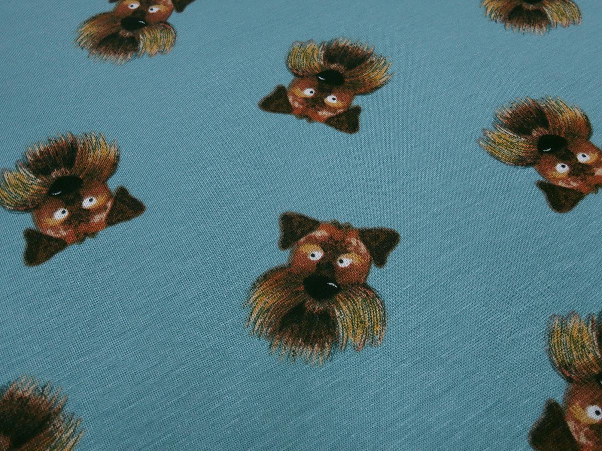 Fabric alpine fleece sweatshirt fabric alpine fleece dogs dog heads design petrol brown children's fabric clothing fabric hoodie fabric