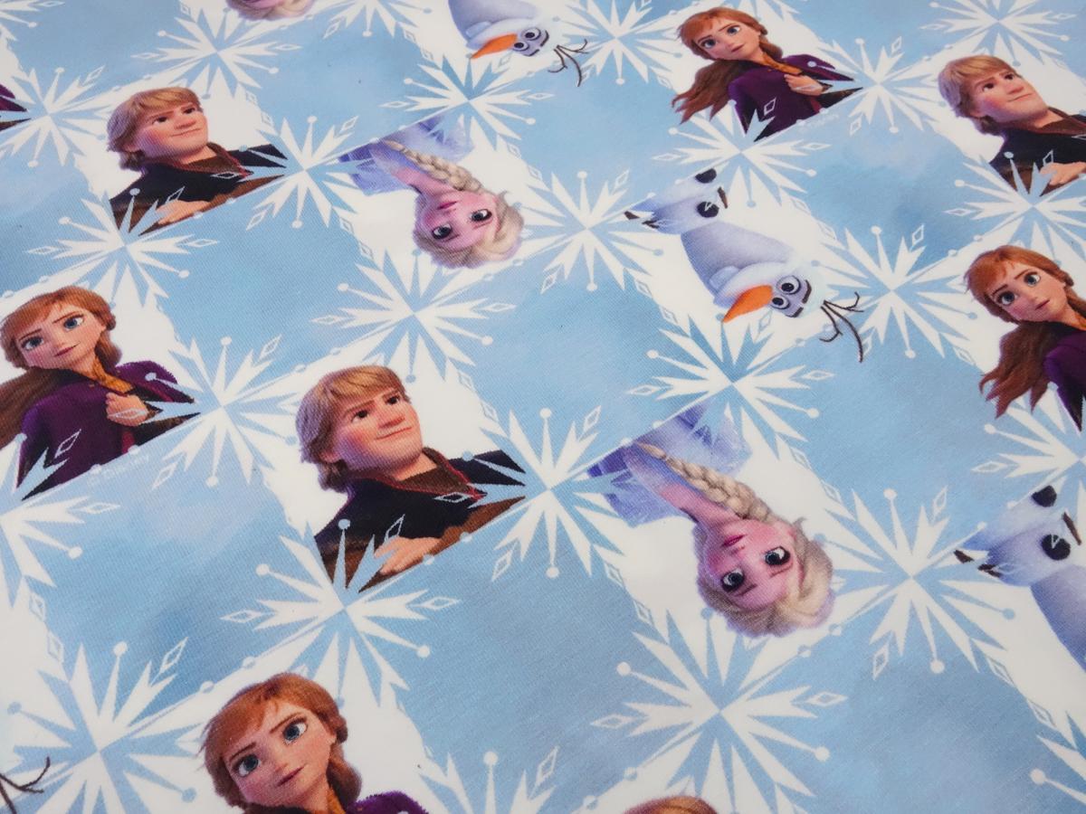 Stoff Baumwolle Jersey mit Disney's Eiskönigin Frozen Anna Elsa Olfa Design blau weiß bunt Kinderstoff Kleiderstoff Lizenzstoff