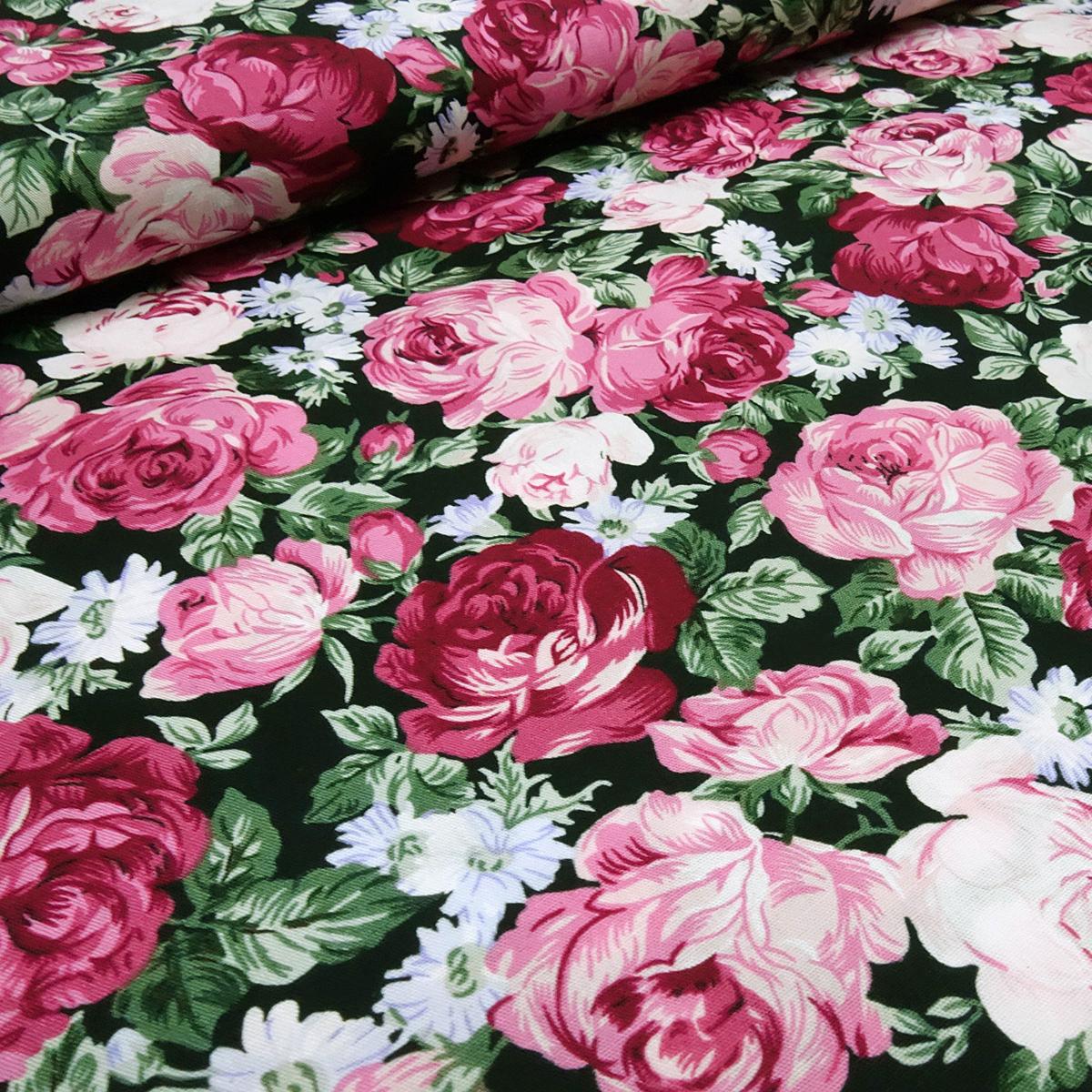 Stoff Baumwolle Popeline Blusenstoff mit Rosen Blumen Design rot rosa oliv blau schwarz weiß Kleiderstoff Dekostoff