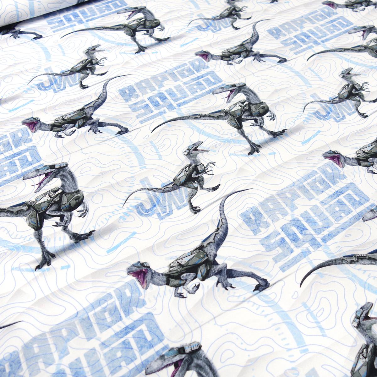 Fabric cotton jersey with Jurassic World Raptor Squad dinosaur dinosaur design white blue grey colorful license fabric children's fabric dress fabric