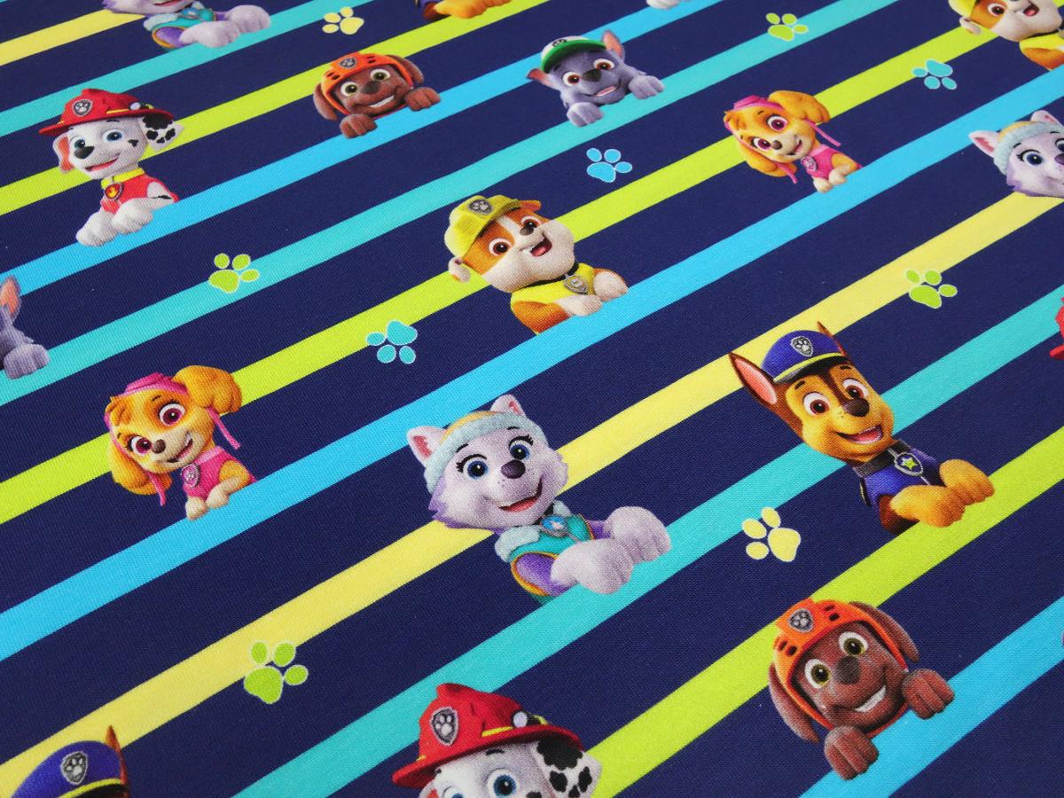 Fabric cotton jersey license print Paw Patrol dark blue colorful striped children's fabric dress fabric