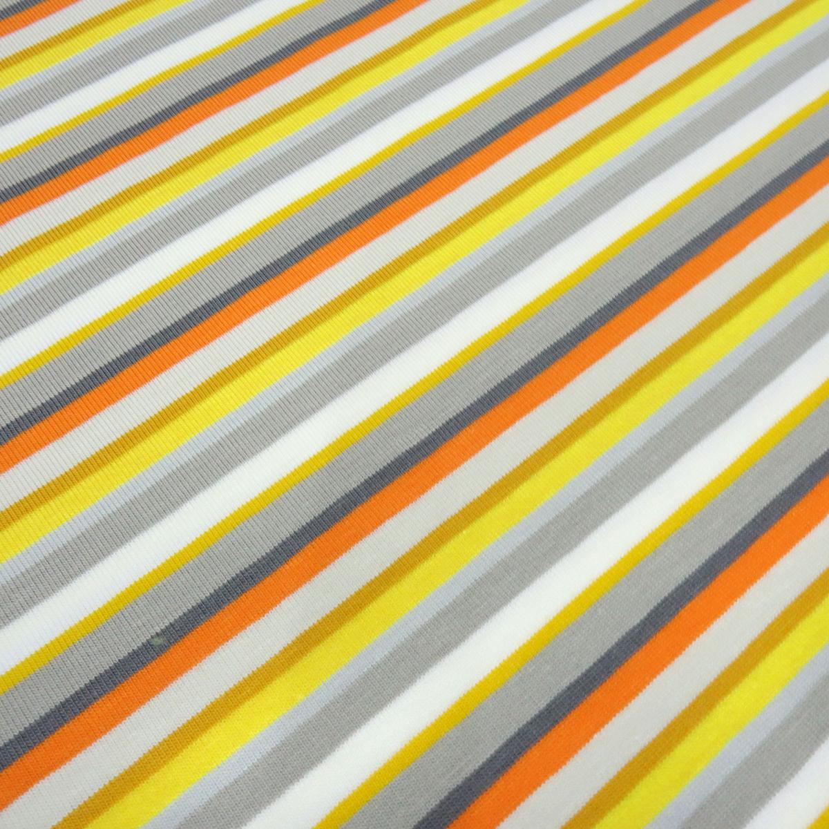 Stoff Baumwolle Jersey mit bunten Streifen Design gelb orange weiß grau taupé bunt gestreift Kleiderstoff Kinderstoff