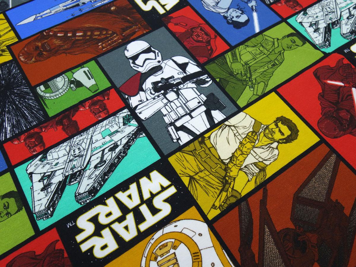 Stoff Baumwolle Jersey mit Star Wars Comic Design rot gelb grün bunt Kinderstoff Kleiderstoff