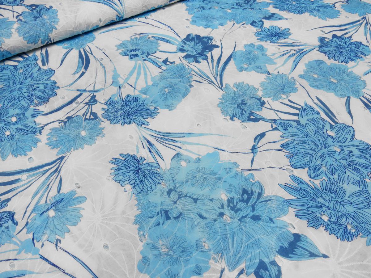 Stoff Baumwolle Lochstickerei mit Blumenmuster Design weiss türkis blau Kleiderstoff Blusenstoff