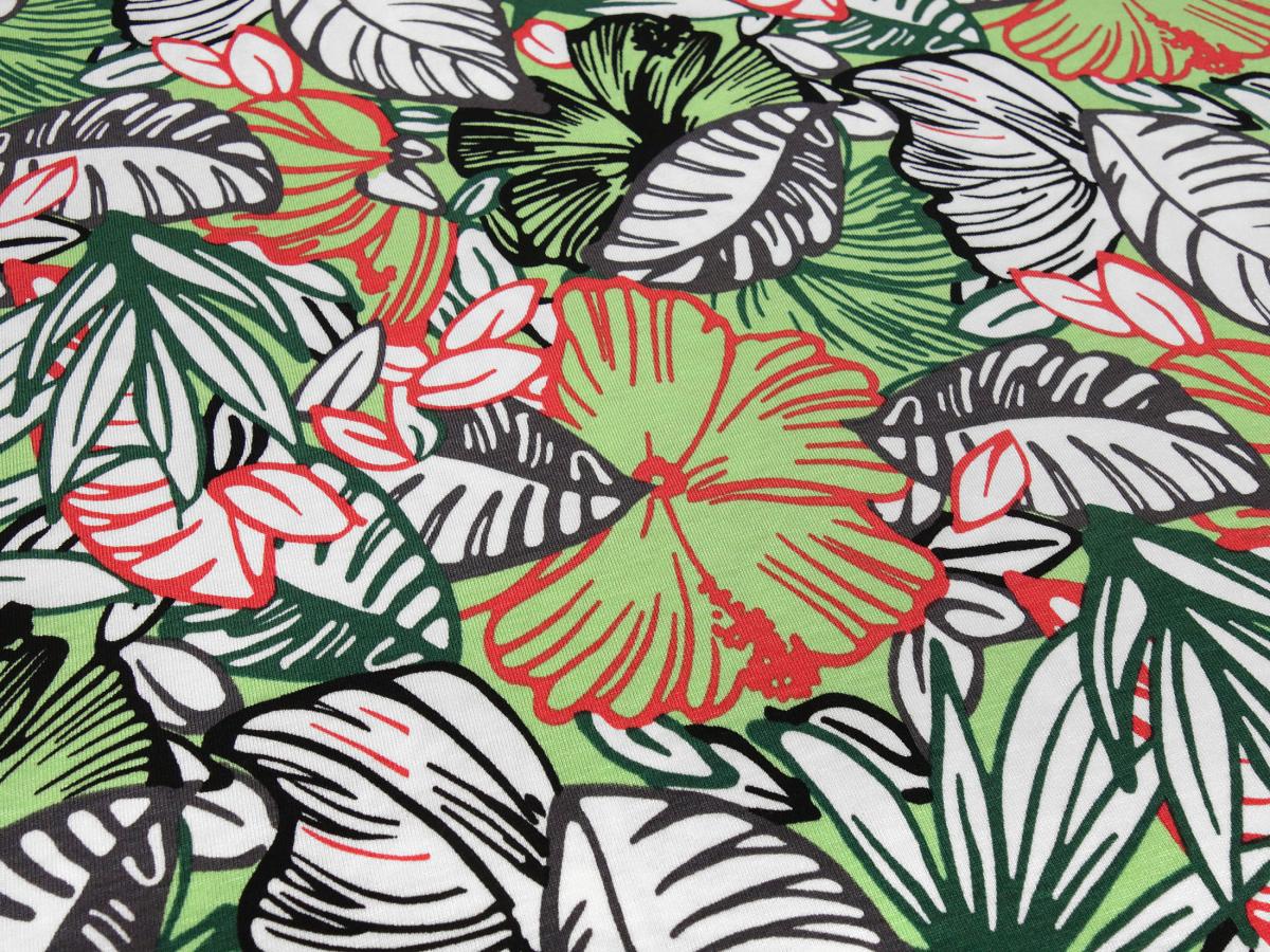 Stoff Viskose Jersey mit Blumen Blätter Design weiß grün rot grau schwarz Kleiderstoff