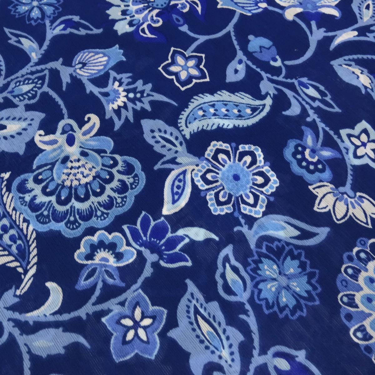 Stoff Yoryu Chiffon Crinkle Blumenmuster Design blau royalblau weiss Blusenstoff Kleiderstoff