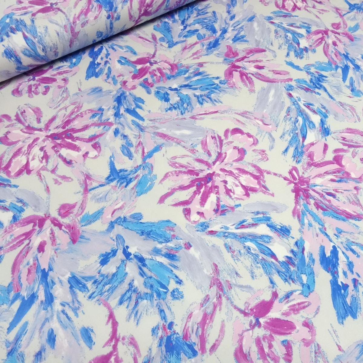 Stoff Baumwolle Satin Stretch Blumenmuster Design weiß blau pink rosa Kleiderstoff Hosenstoff Kostümstoff