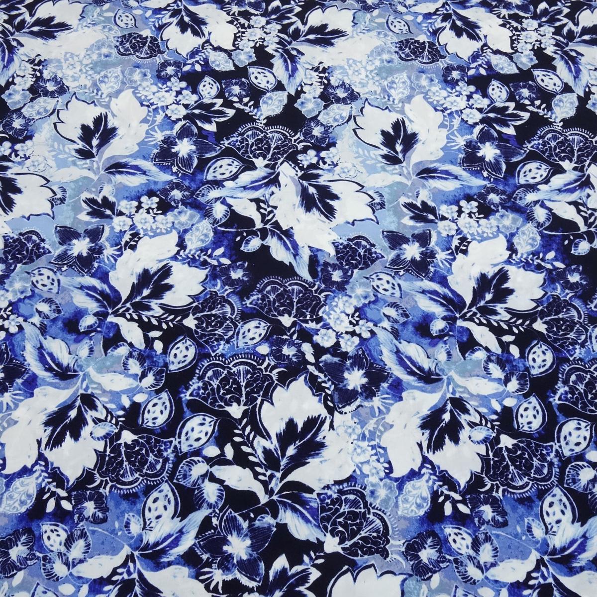 Stoff Viskose Blusenstoff mit Blumen Blüten Design blau weiß königsblau marine Kleiderstoff