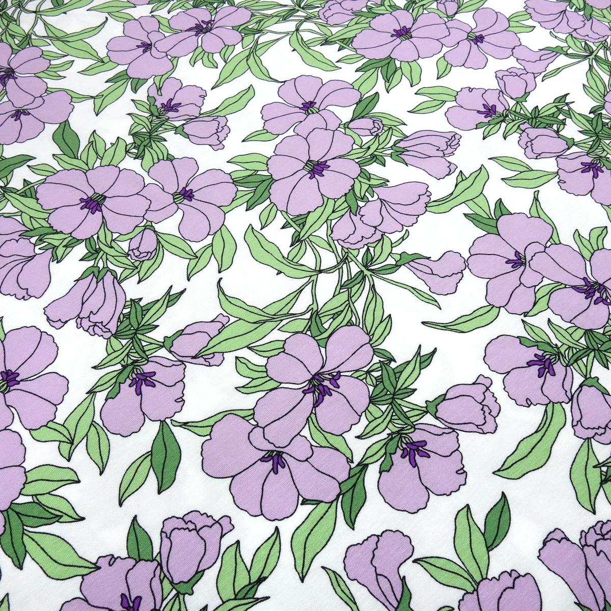 Fabric viscose jersey with floral pattern tendrils blossom design white lilac green dress fabric children's fabric