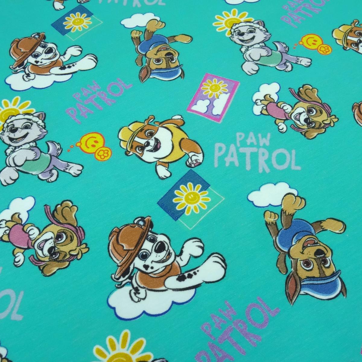 Stoff Baumwolle Jersey Lizenzdruck Paw Patrol 2 türkis braun weiß gelb bunt Kinderstoff Kleiderstoff