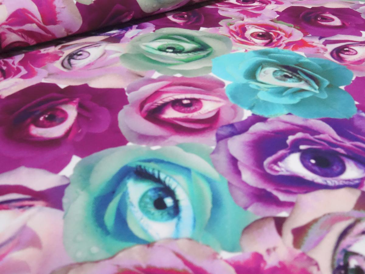 Fabric cotton jersey roses flowers eyes design pink pink green turquoise white dress fabric children's fabric
