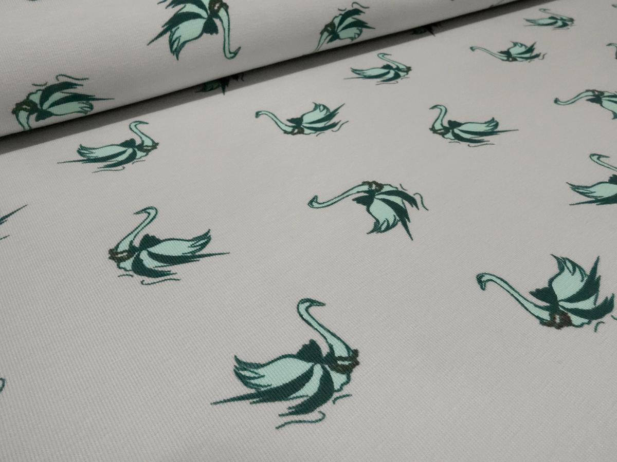 Fabric cotton jersey swan birds gray mint green white dress fabric