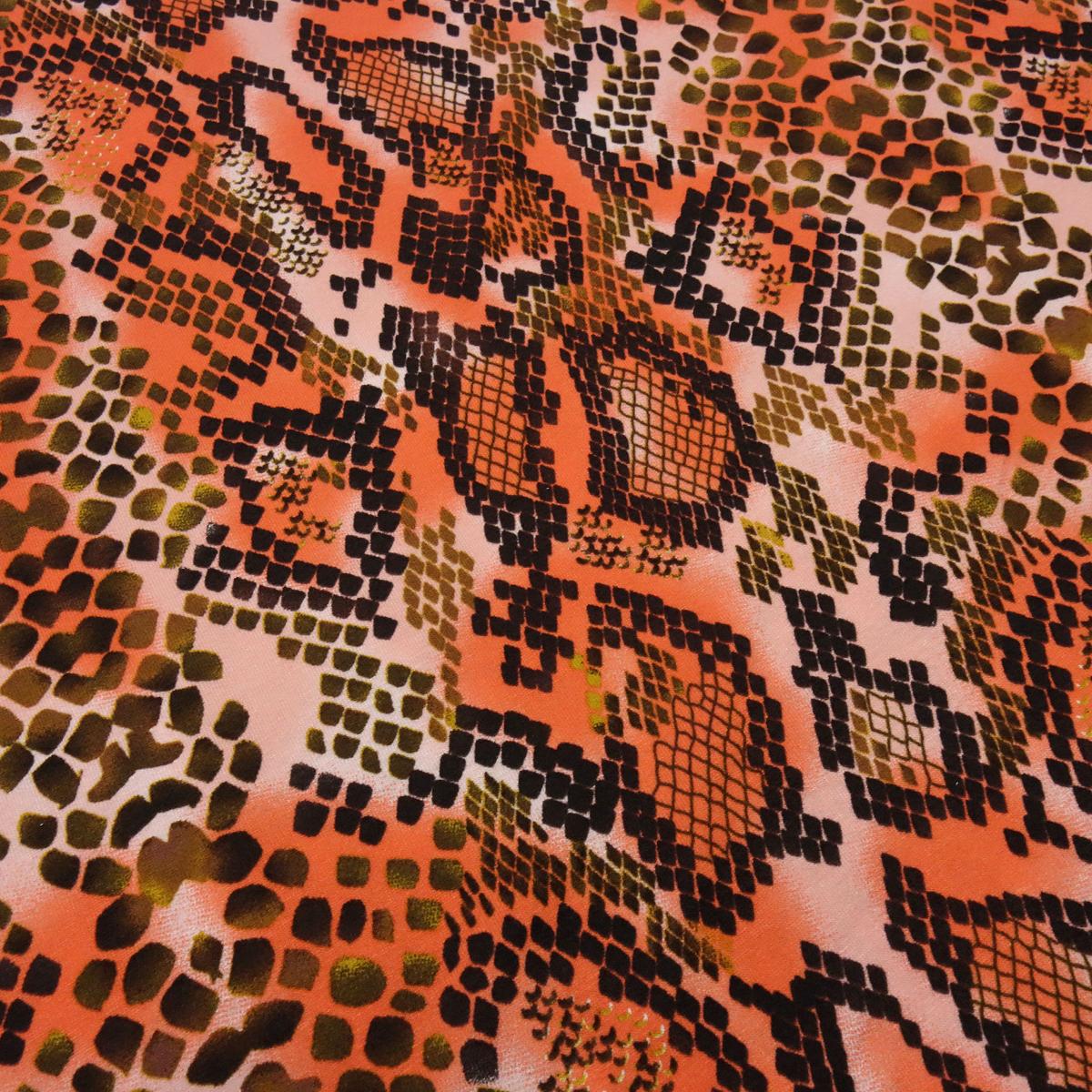 Fabric viscose jersey with snake animal print design orange pink black brown colorful dress fabric