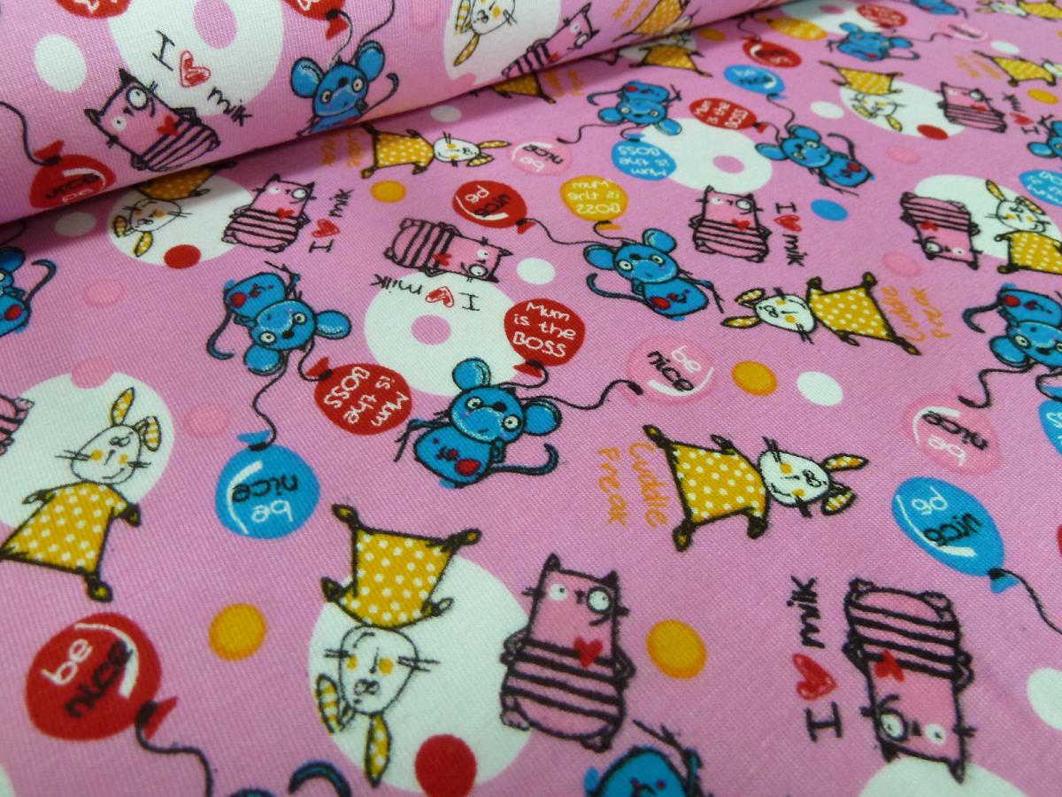 Stoff Baumwolle Jersey Mäuse Hasen Katzen rosa rot blau gelb weiß Kinderstoff Kleiderstoff