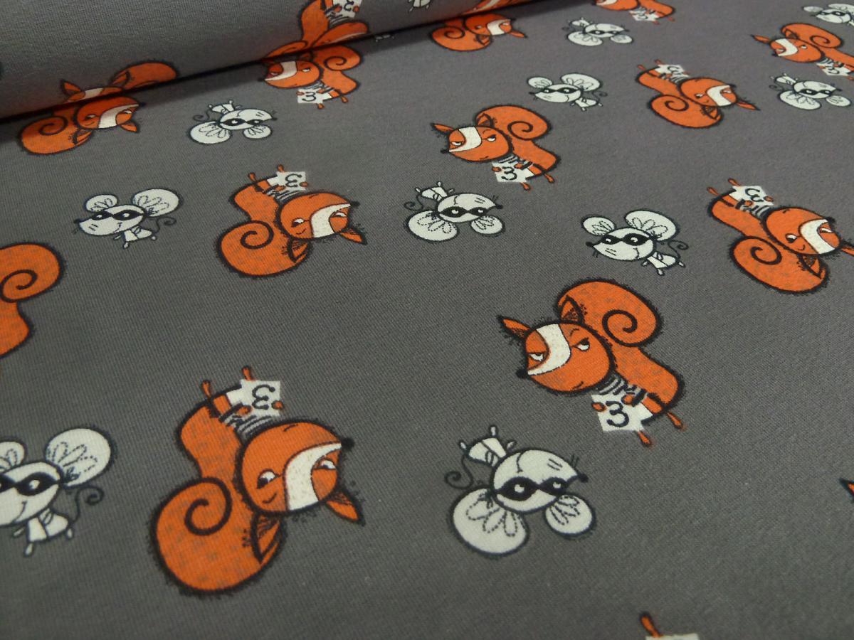 Fabric cotton jersey foxes mice taupé mud brown orange beige children's fabric dress fabric