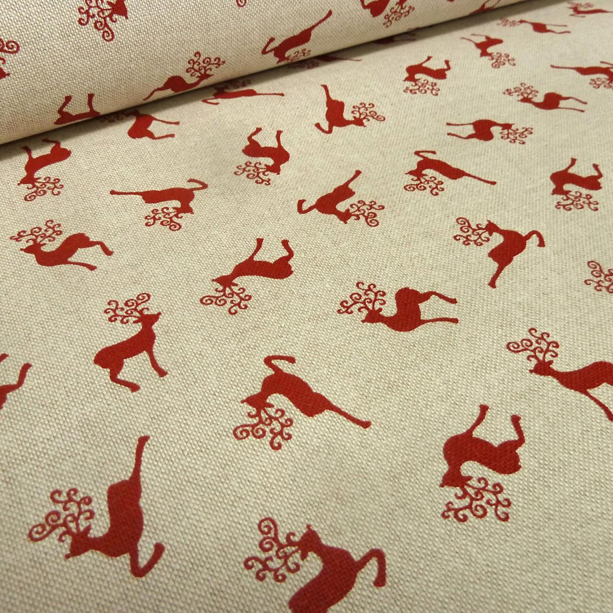 Stoff Baumwolle Dekostoff in Leinen Optik mit Hirsche Design natur beige rot Trachtenstoff Kleiderstoff