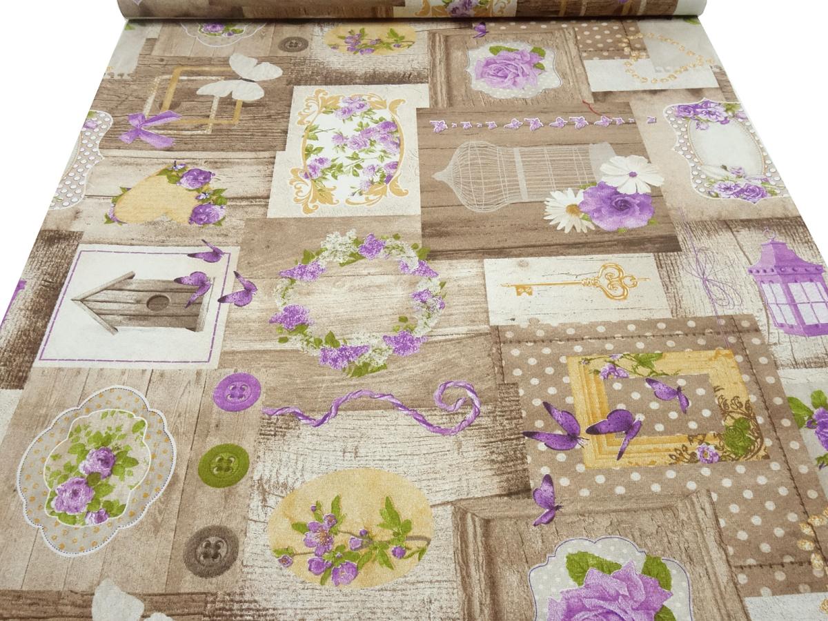 Stoff Dekostoff Taschenstoff Tischdeckenstoff Patchwork Holz Blumen Herzen Design braun beige flieder grün bunt