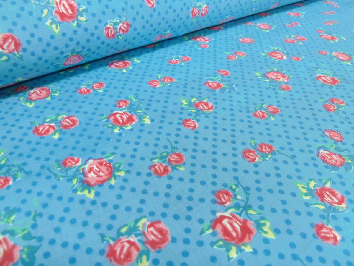 Fabric cotton jersey flowers roses dots design turquoise blue pink red green colorful dress fabric children's fabric