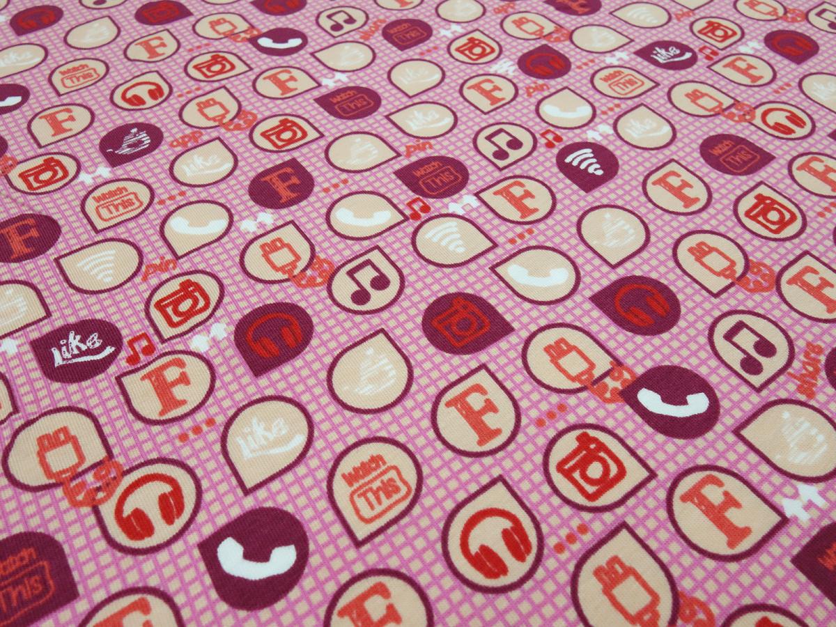 Fabric cotton jersey social media notes computer web design pink beige red dress fabric children's fabric