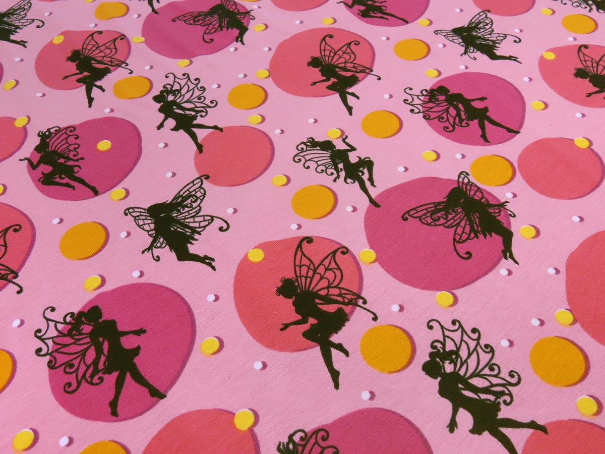 Fabric cotton jersey fairies dots design pink orange black white dress fabric children's fabric