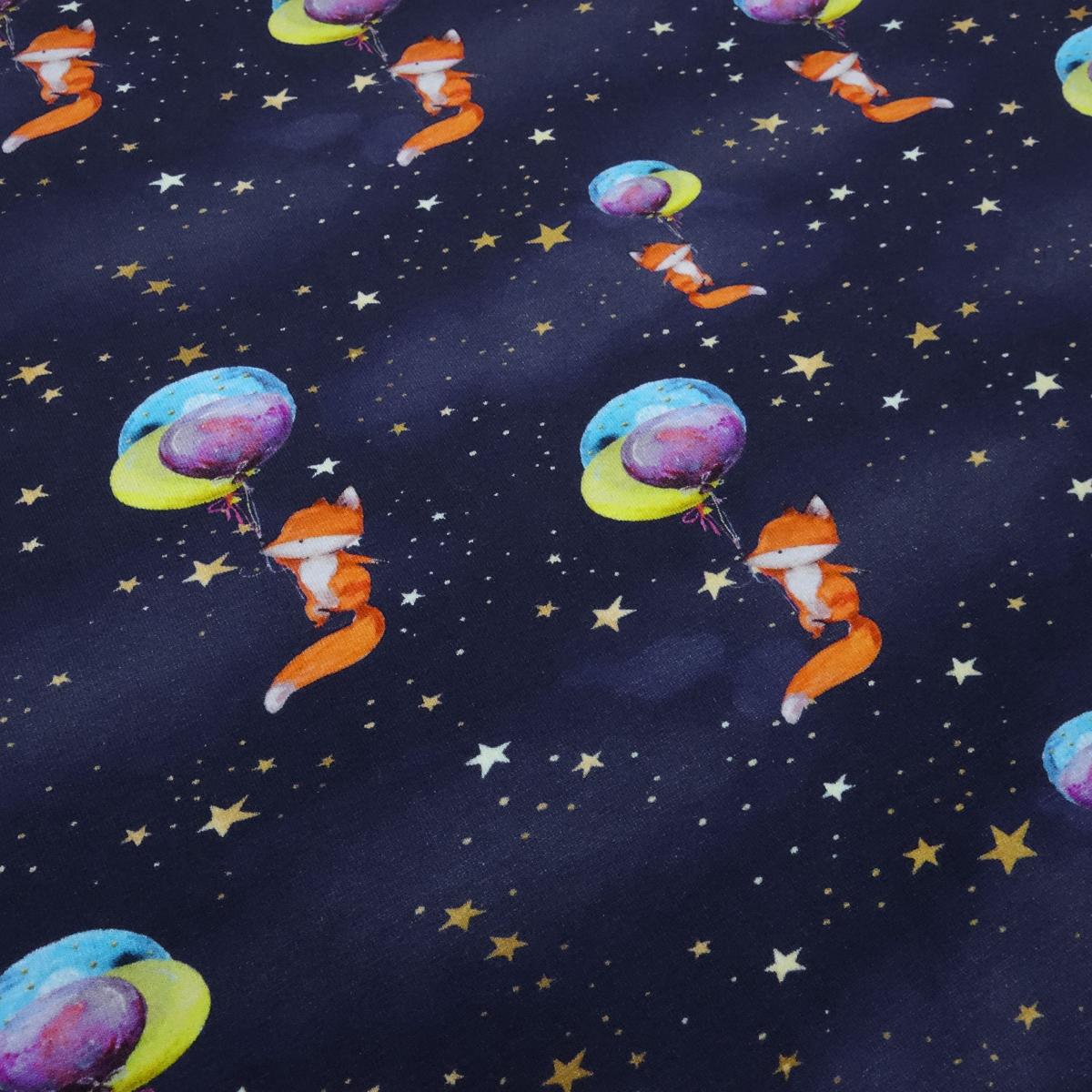 Fabric cotton jersey foxes with balloon navy blue orange colorful children's fabric dress fabric