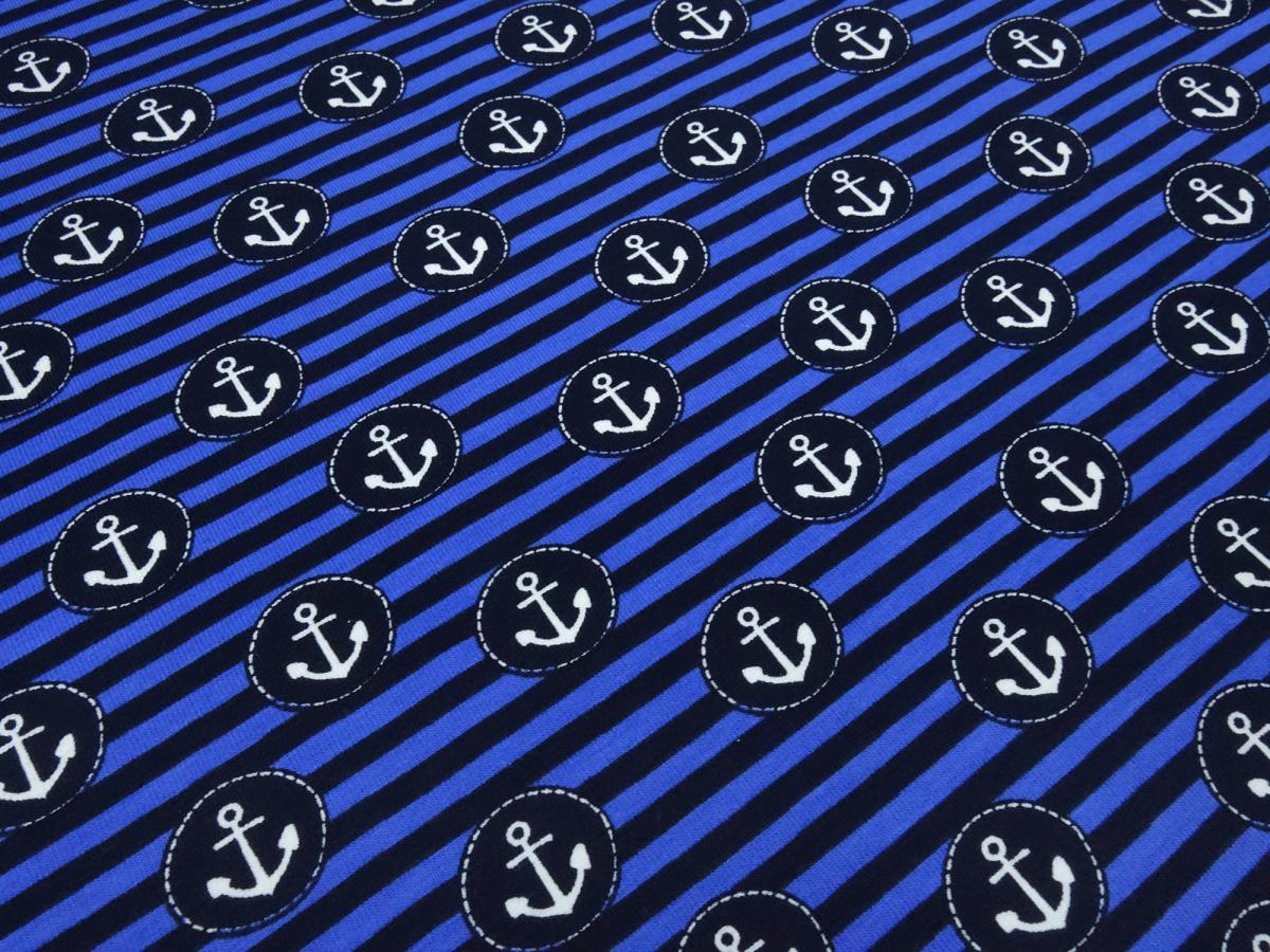 Stoff Baumwolle Jersey maritimen Anker Streifen Design marine royalblau weiß Kinderstoff Kleiderstoff