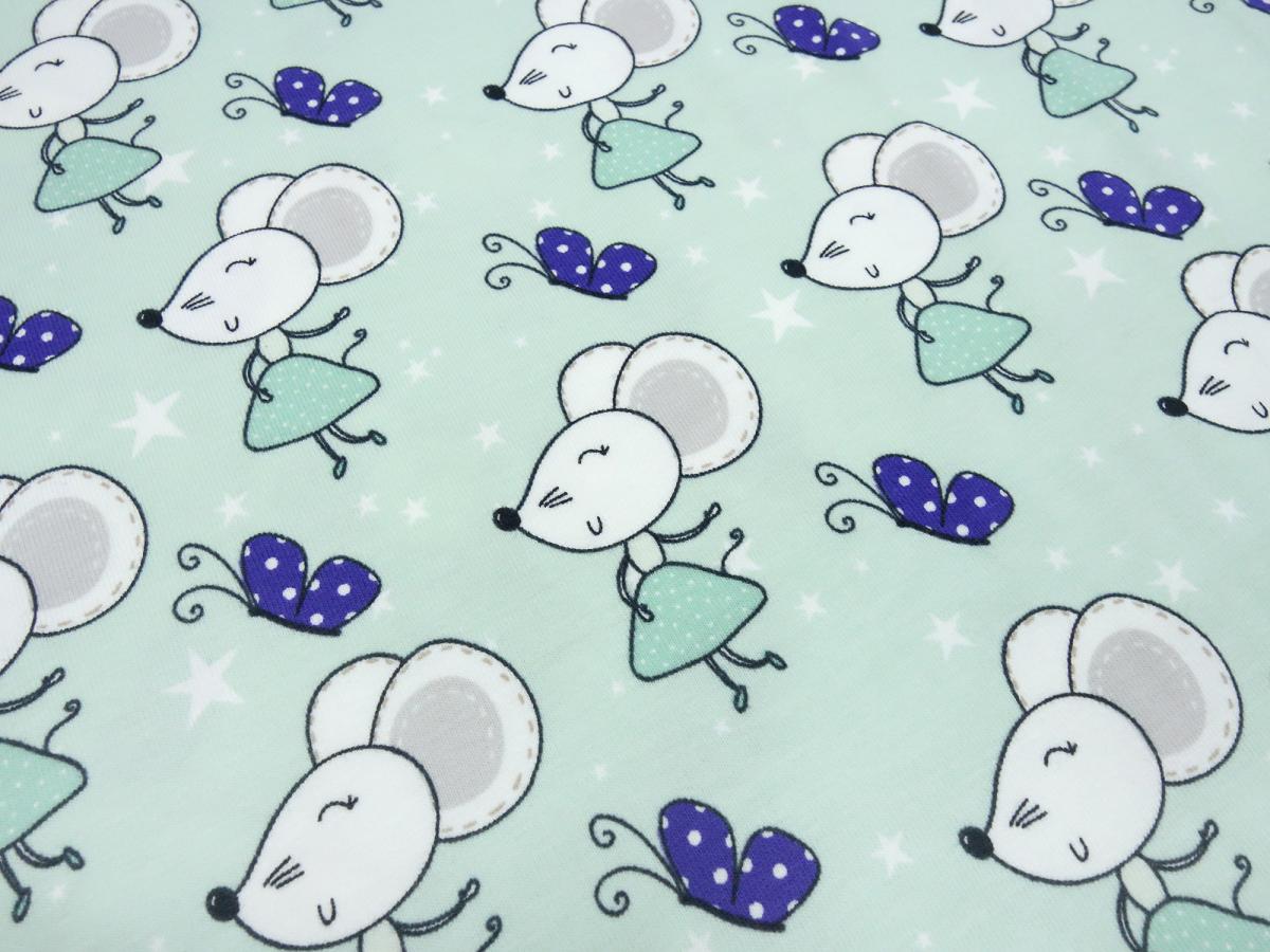 Stoff Baumwolle Jersey Maus Mäuse Design mint grün blau weiß grau schwarz Kinderstoff Kleiderstoff