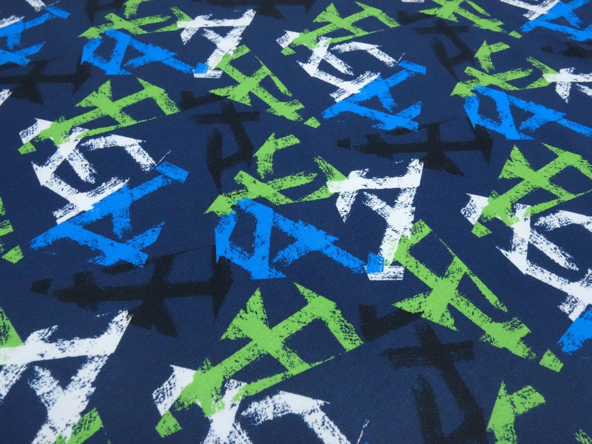 Fabric cotton jersey graphic geometric pattern blue green black white children's fabric dress fabric