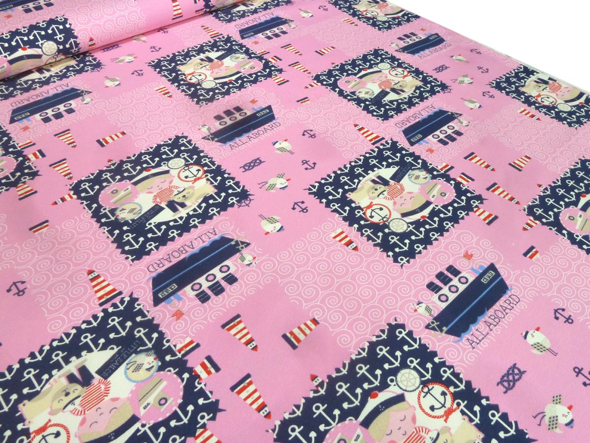 Fabric cotton jersey maritime anchor ships seagulls lighthouse pink blue white red children's fabric