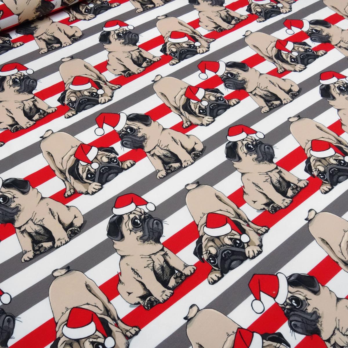 Stoff Baumwolle French Terry Sweatshirtstoff Weihnachten Hunde Mops Design braun beige rot weiß bunt gestreift Kleiderstoff Kinderstoff Weihnachtsstoff