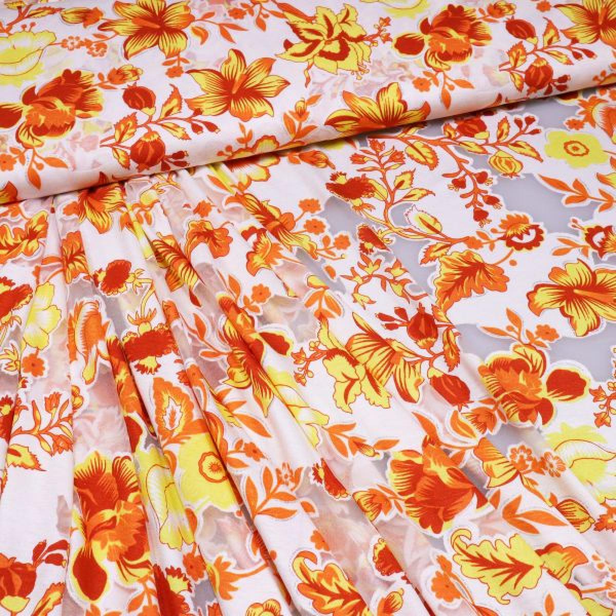 Fabric viscose jersey burnout with glitter effect and flower design white yellow orange red silver dress fabric