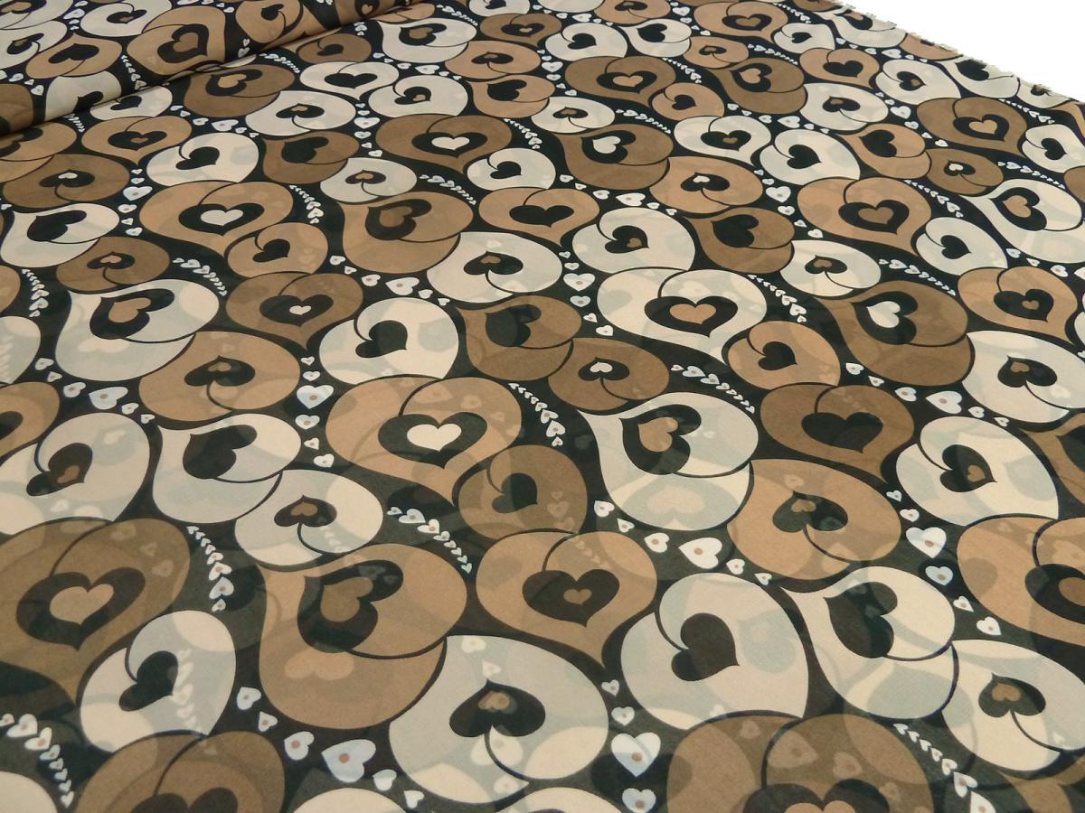 Stoff Chiffon mit Herz Herzen Design braun beige schwarz Blusenstoff Kleiderstoff
