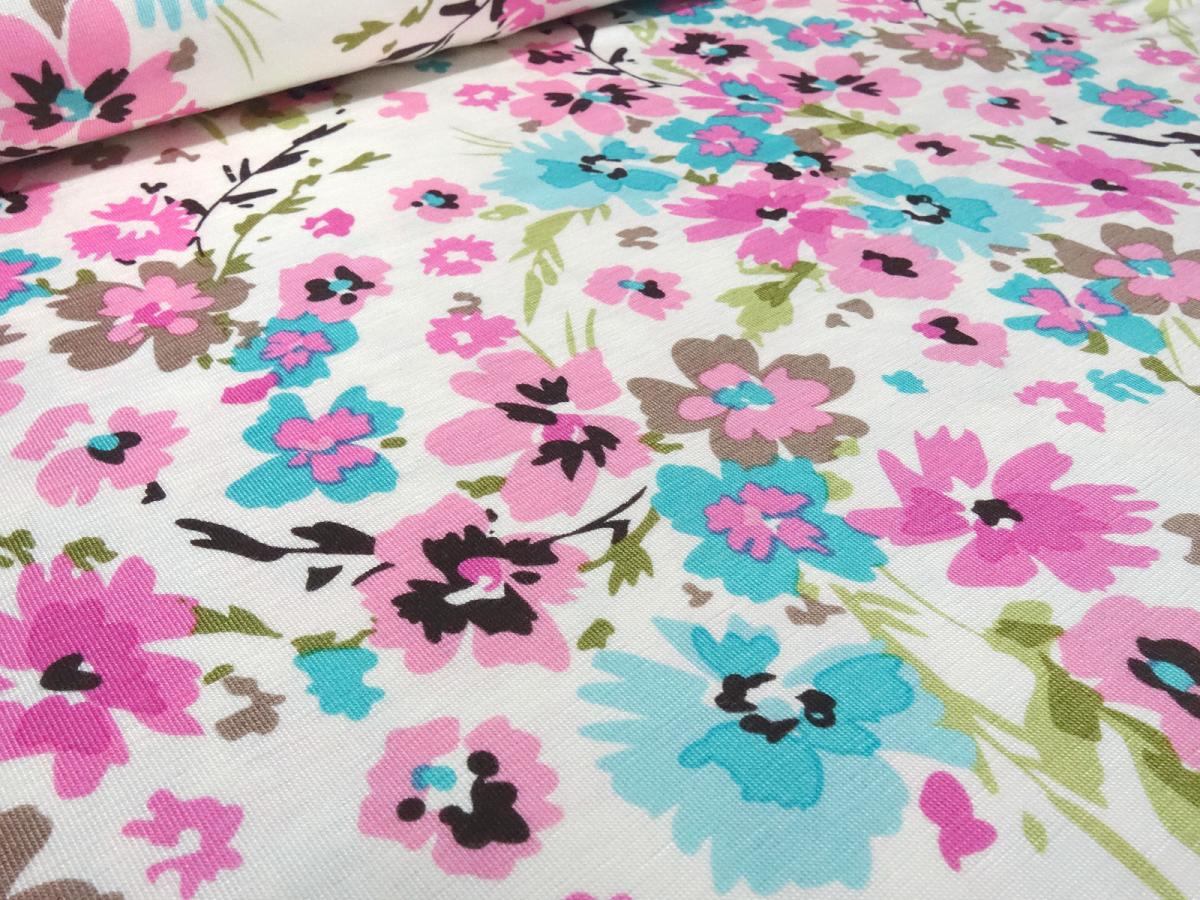 Fabric viscose jersey flowers design wool white turquoise pink green brown dress fabric kids fabric