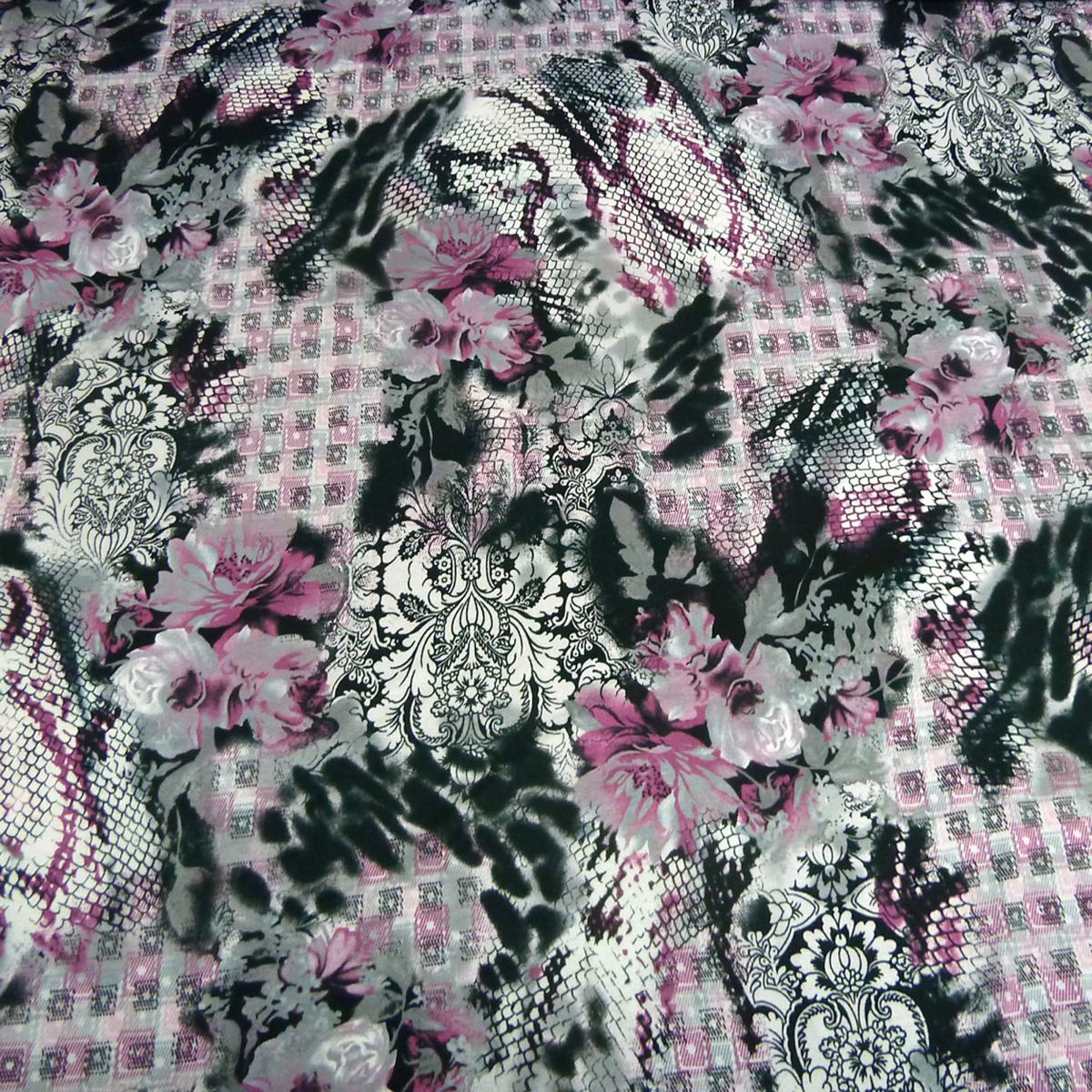 Stoff Viskose Jersey Blumen Abstrakt Druck schwarz weiß grau flieder Kleiderstoff