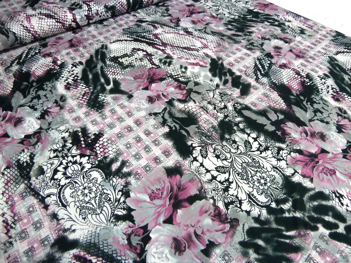 Fabric viscose jersey flowers abstract print black white gray lilac dress fabric
