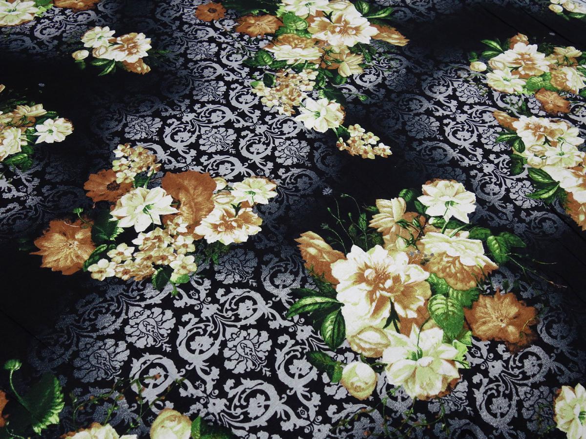 Fabric viscose jersey flowers ornaments design black gray green brown ecrú dress fabric